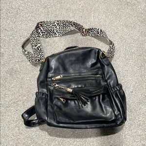 Boutique vegan Leather Backpack with Leopard Strap